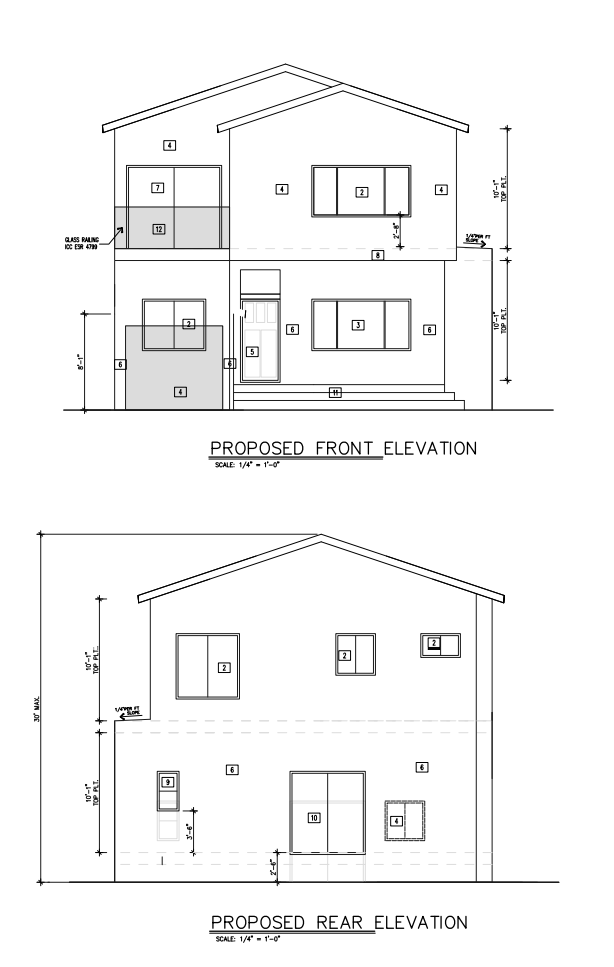 Proposed front and rear elevation drawings for two-story ADU with dimensions