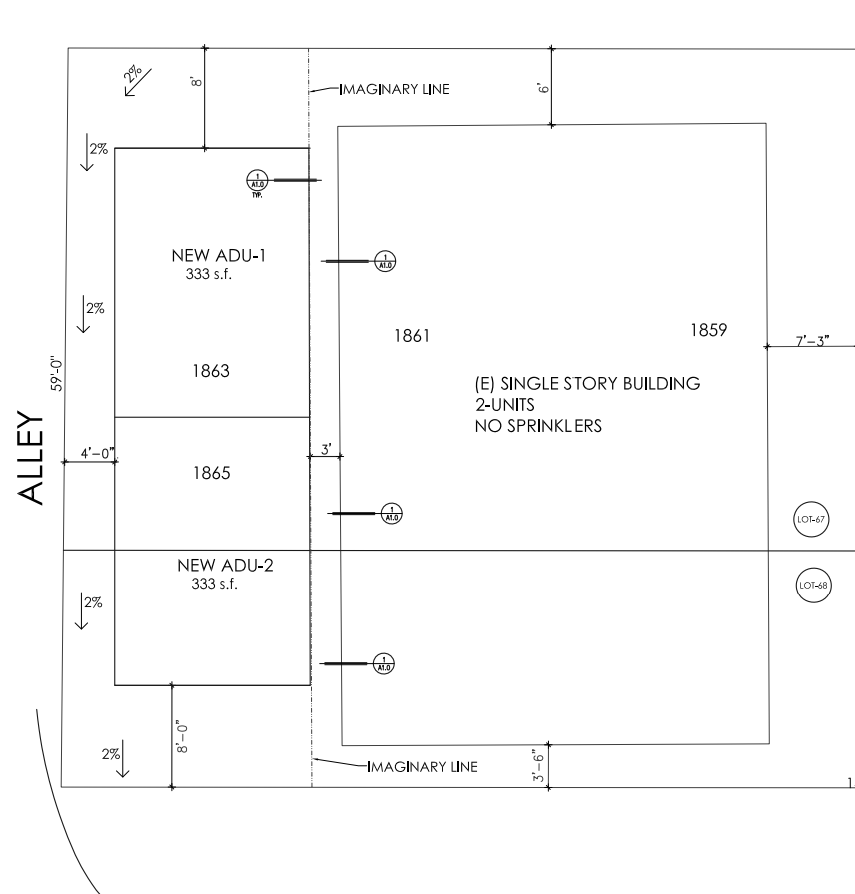Architectural site plan showing dual ADU layout with unit dimensions and setbacks