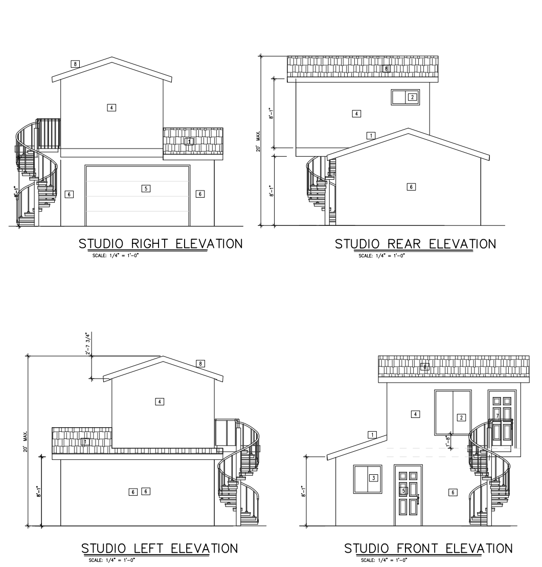 Studio ADU elevation drawings — right, rear, left and front views with spiral stair