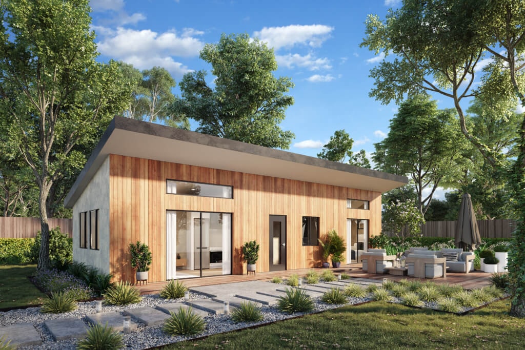 Modern one-bedroom ADU exterior with wood and concrete cladding